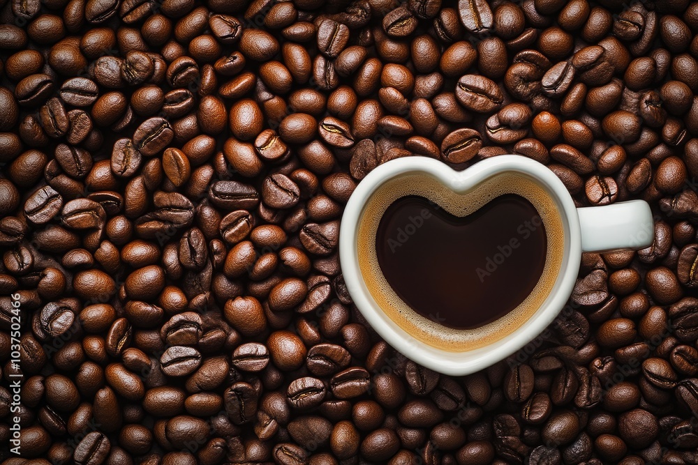 Fototapeta premium Top View of Coffee Mug Surrounded by Beans