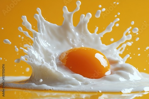 Egg yolk on yellow background. Egg yolk in splashes of white. photo