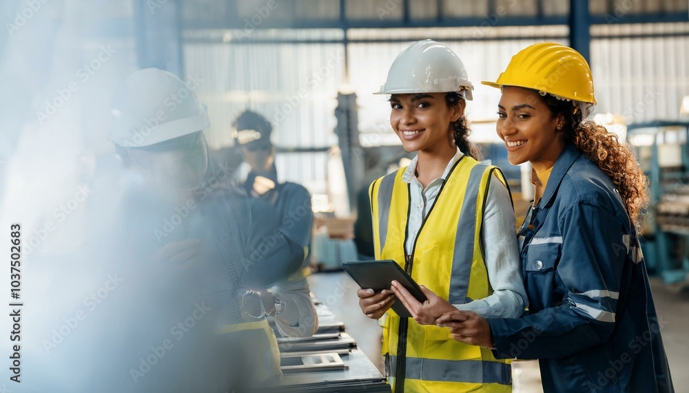 Teamwork At Factory. Industrial Technology Engineer Teamwork At Factory. Industrial Technology Engineer