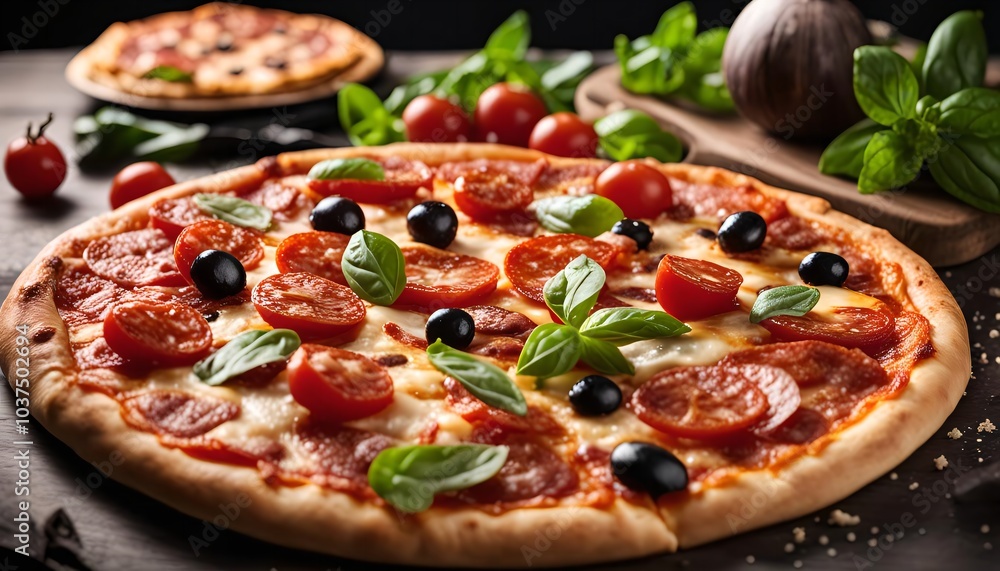 Delicious Pepperoni Pizza with Cherry Tomatoes and Olives Delicious Pepperoni Pizza with Cherry Tomatoes and Olives