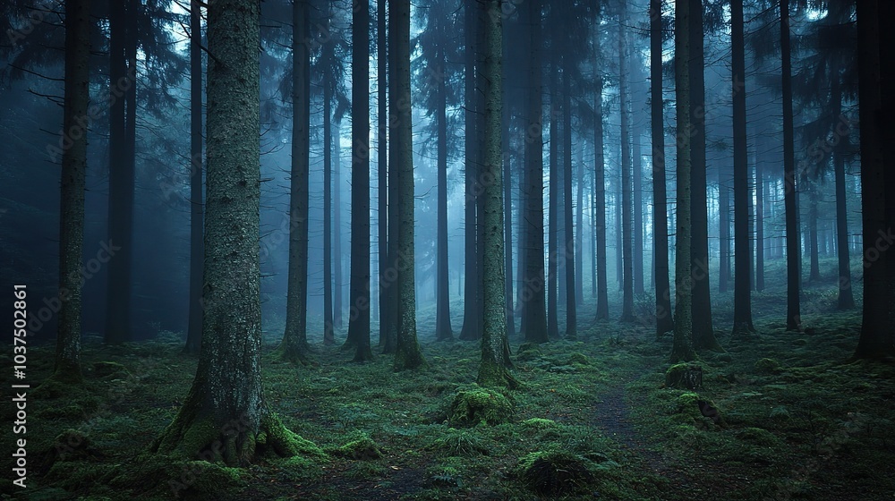 Obraz premium Misty Forest Landscape in Twilight Hues