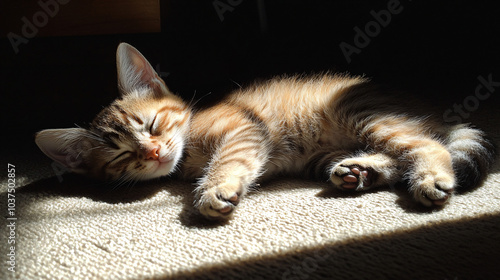 A kitten napping in a sunny spot on the floor photo