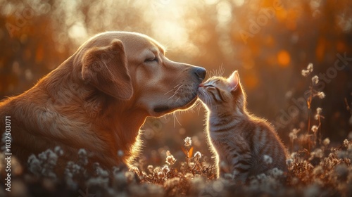 Fototapeta Naklejka Na Ścianę i Meble -  Friendship between a dog and a cat. A dog and a cat hug each other peacefully, friendship between animals.
