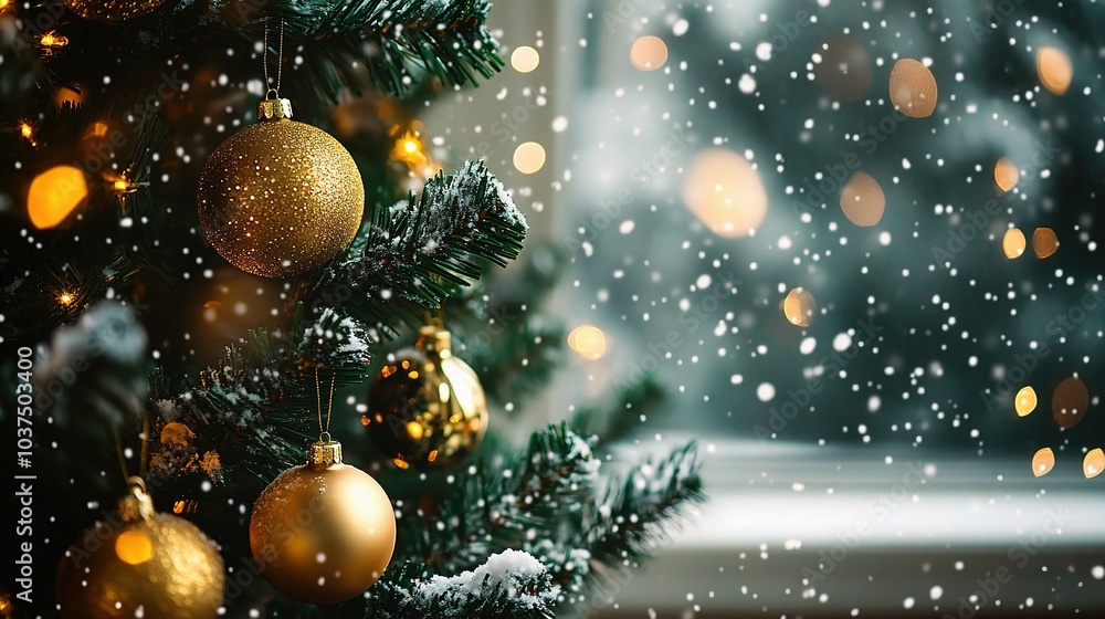 Festive Christmas Tree with Snow and Decorations Festive Christmas Tree with Snow and Decorations