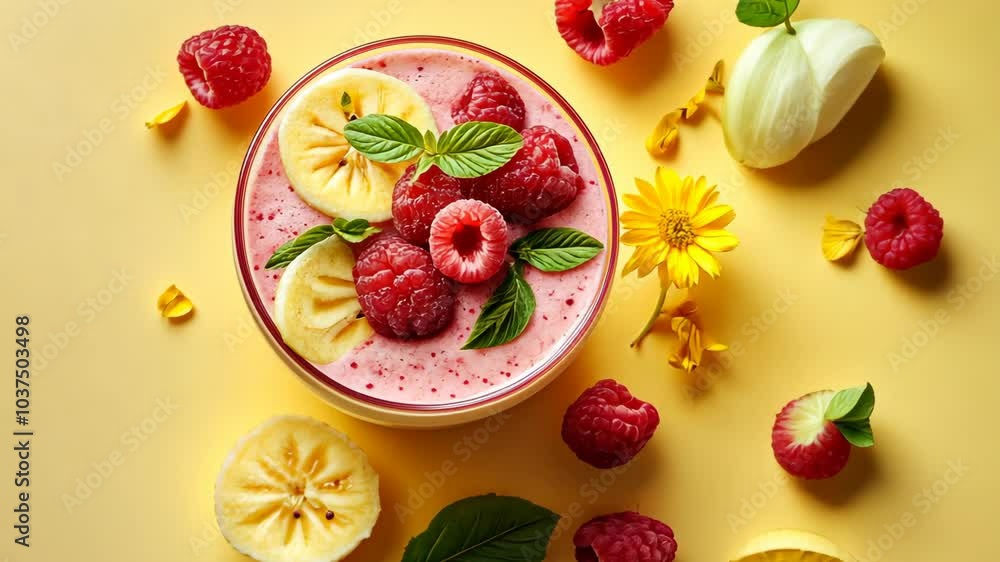 A pink smoothie with banana slices and raspberries is surrounded by fresh fruit, mint leaves, and yellow flowers on a yellow background A pink smoothie with banana slices and raspberries is surrounded by fresh fruit, mint leaves, and yellow flowers on a yellow background