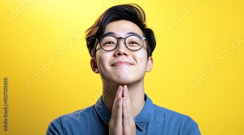 Un jeune homme asiatique portant des lunettes, les mains jointes devant sa poitrine sur un fond jaune, image avec espace pour texte.