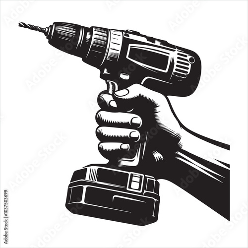 Manual hand drill silhouette on white background
