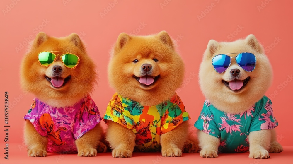 Fototapeta premium Adorable Pomeranian Pups in Summer Attire