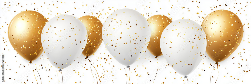 An illustration of gold and white balloons with golden streamers on the edges, on a transparent background. The balloon decoration should have glittering effects to add sophistication. An illustration of gold and white balloons with golden streamers on the edges, on a transparent background. The balloon decoration should have glittering effects to add sophistication.