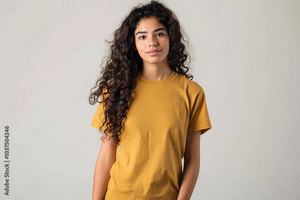 Obraz premium A young woman with curly hair, dressed in a mustard yellow t-shirt, poses confidently against a neutral background.
