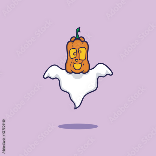 Cute Pumpkin Ghost Cartoon Vector Icon Illustration. People Holiday Icon Concept Isolated Premium Vector. Flat Cartoon Style