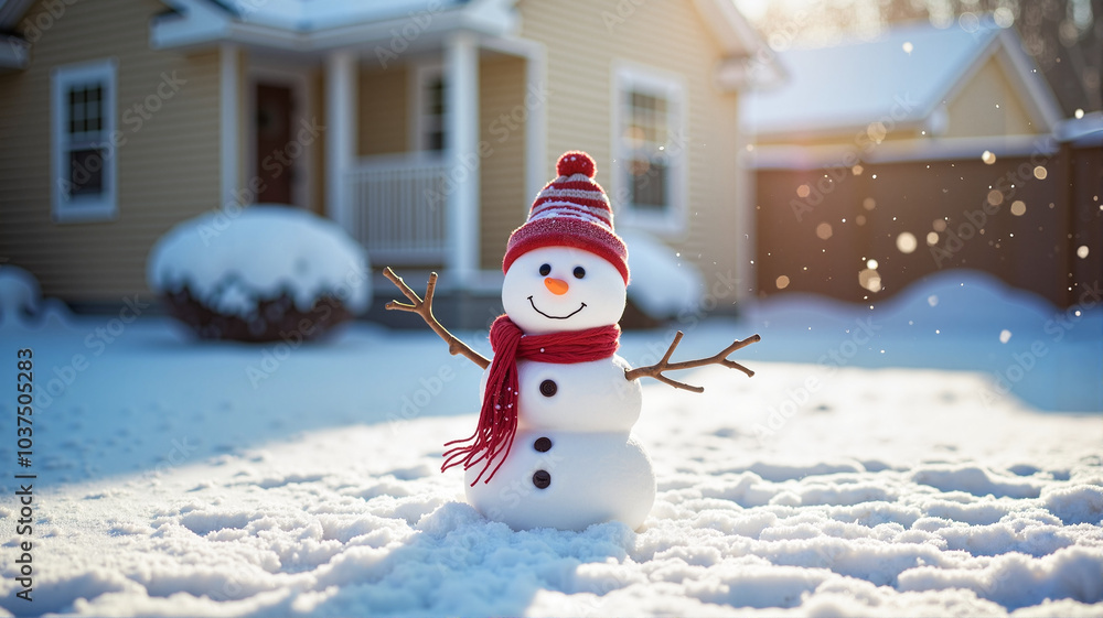 Obraz premium Cheerful snowman with red scarf and hat standing in snowy yard during winter day