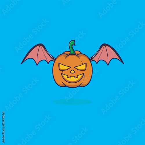 Cute Pumpkin With Bat Wings, Creepy Spooky Halloween Pumpkin Decor Flat Vector Illustration