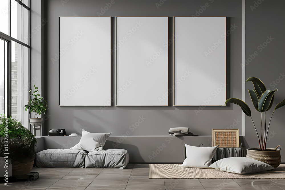 Fototapeta premium A modern living space with clean lines, showcasing three blank frames on the wall and a cozy seating area, creating a calm and inviting atmosphere.