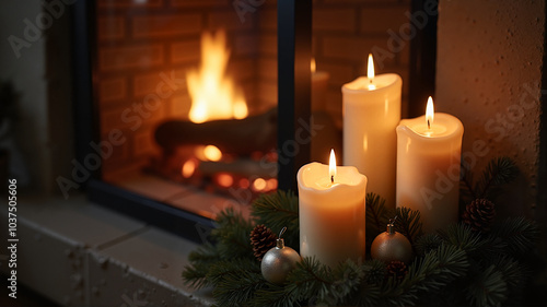 Three candles burning warmly surrounded by pine branches and ornaments near cozy fireplace 