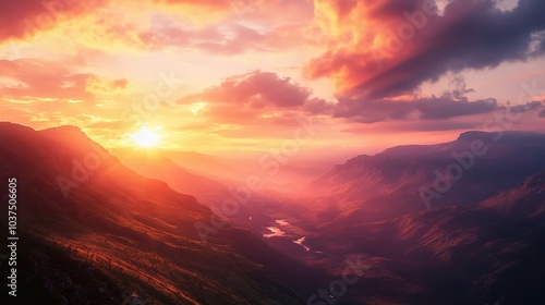 Serene Sunset Over Mountain Valley Landscape