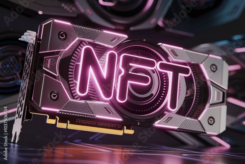 NFT Mining: A powerful graphics card, gleaming with a vibrant neon NFT logo, sits against a futuristic background, symbolizing the demanding world of digital asset mining. photo