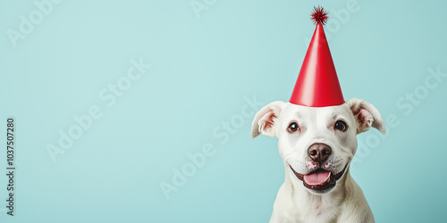 White dog wearing a red birthday hat, blowing a party horn, with copy space on a pastel blue background. Space for a text banner.