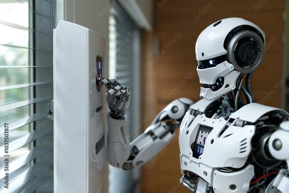 Close-up Of A Humanoid Robot's Hand Adjusting Temperature Of Radiator Thermostat Close-up Of A Humanoid Robot's Hand Adjusting Temperature Of Radiator Thermostat
