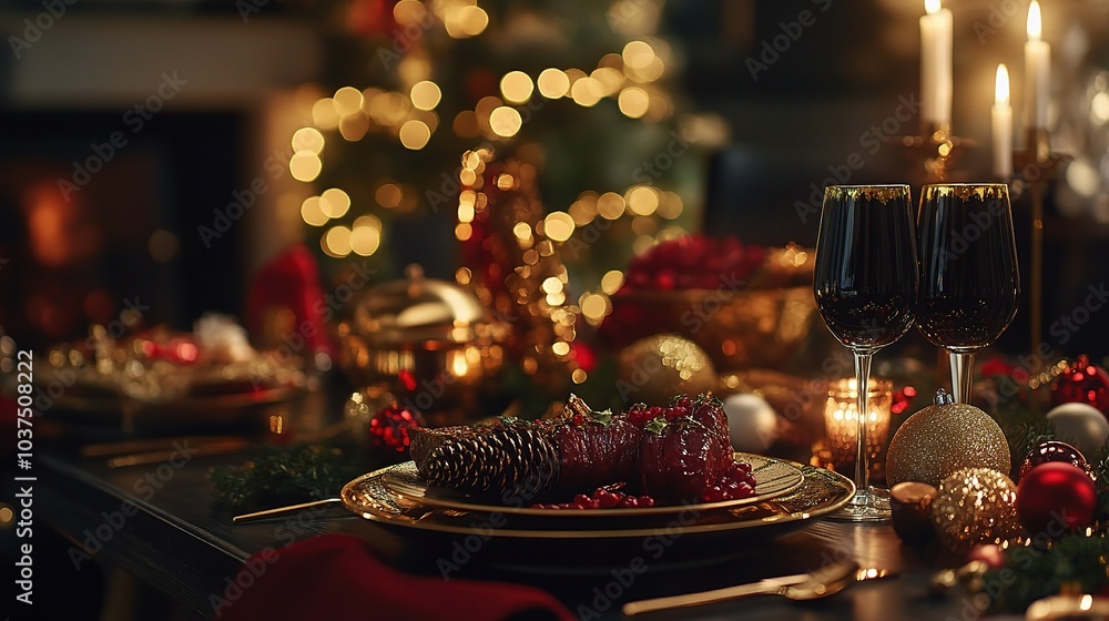 Elegant Holiday Table Setting with Decorations and Bokeh Elegant Holiday Table Setting with Decorations and Bokeh