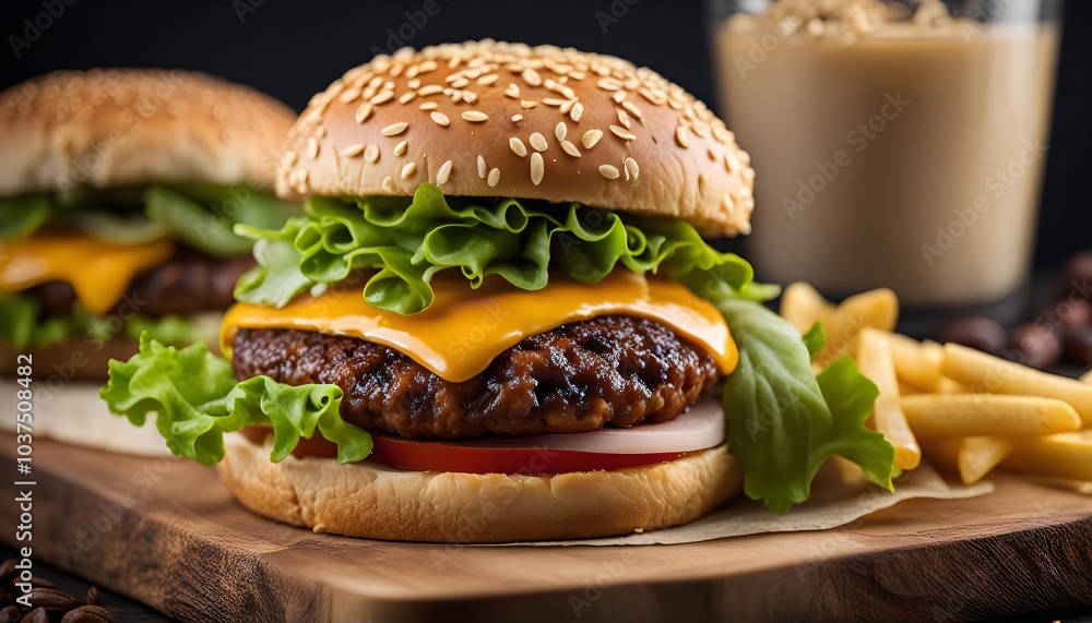 Close-up of a Juicy Cheeseburger with Lettuce, Tomato, and a Side of French Fries Close-up of a Juicy Cheeseburger with Lettuce, Tomato, and a Side of French Fries