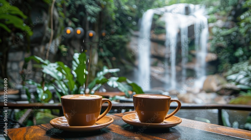 Two cups of coffee on a table with a waterfall in the background. Two cups of coffee on a table with a waterfall in the background.