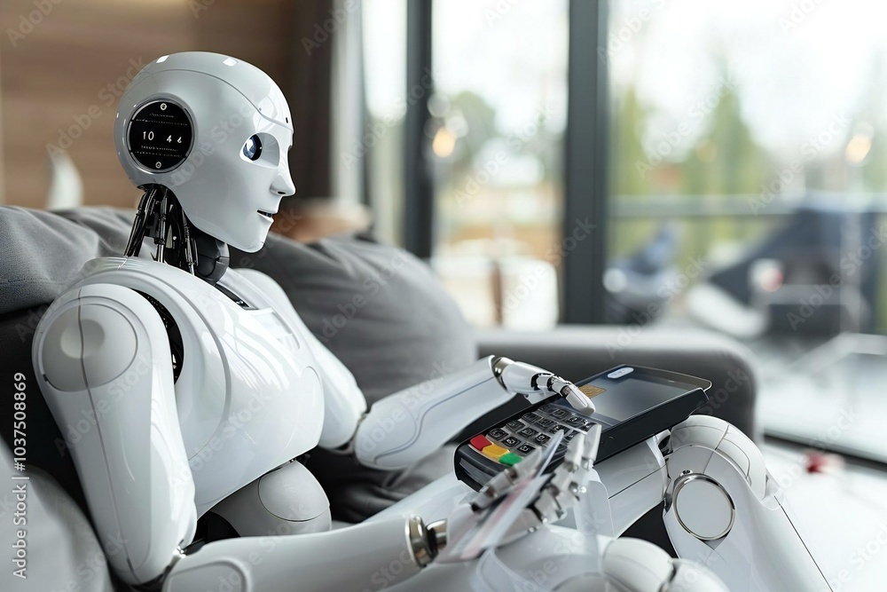 Humanoid Robot On Sofa Buying Online With Credit Card, robot, online, ai, artificial, retail, intelligence, code, shopping, tech, machine, card, technology, future, credit, 4, 0, overhead Humanoid Robot On Sofa Buying Online With Credit Card, robot, online, ai, artificial, retail, intelligence, code, shopping, tech, machine, card, technology, future, credit, 4, 0, overhead