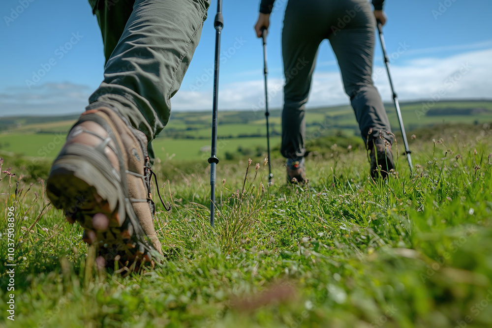Two People or a Couple Engaged in Nordic Walking, Hikers Walking with Trekking Poles in Nature: Fitness, Active Lifestyle, Outdoor Activity in Summer or Spring Two People or a Couple Engaged in Nordic Walking, Hikers Walking with Trekking Poles in Nature: Fitness, Active Lifestyle, Outdoor Activity in Summer or Spring