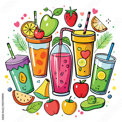 Colourful Set of smoothies. Superfoods and health or detox diet food concept in sketch style.