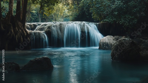 Serene Waterfall in Lush Greenery