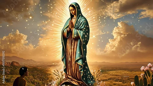 Animation of the apparition of the virgin of guadalupe. Mexican catholic celebration