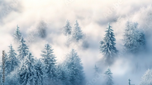 Serene Winter Forest Covered in Snow and Mist