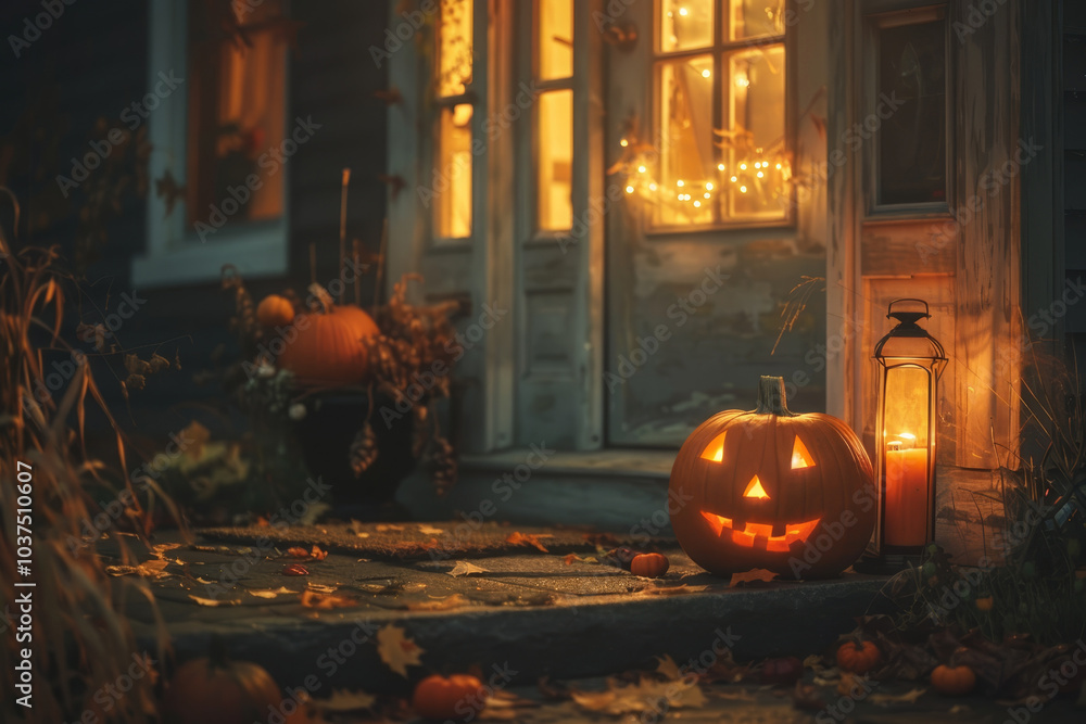 Obraz premium Front porch decorated with a glowing jack-o'-lantern, candles, pumpkins, and warm string lights, creating a cozy Halloween atmosphere
