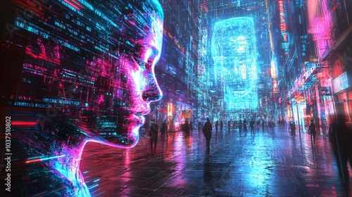 Cyberpunk city with a digital face in the foreground and neon lights reflecting on the wet pavement.