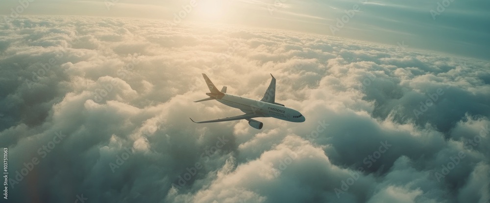 Airplane flying above the clouds at sunset Airplane flying above the clouds at sunset