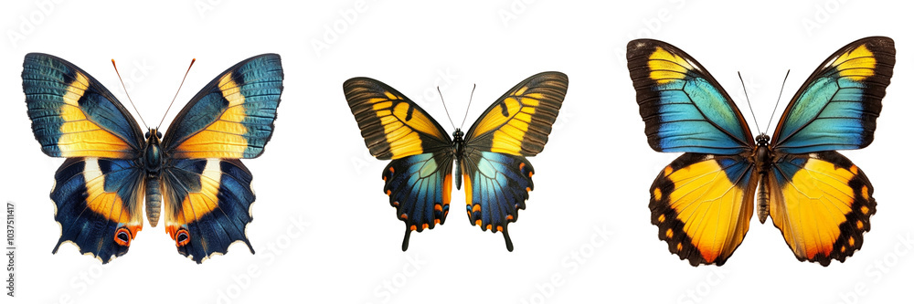 Obraz premium Set of blue yellow orange butterfly isolated on a transparent background