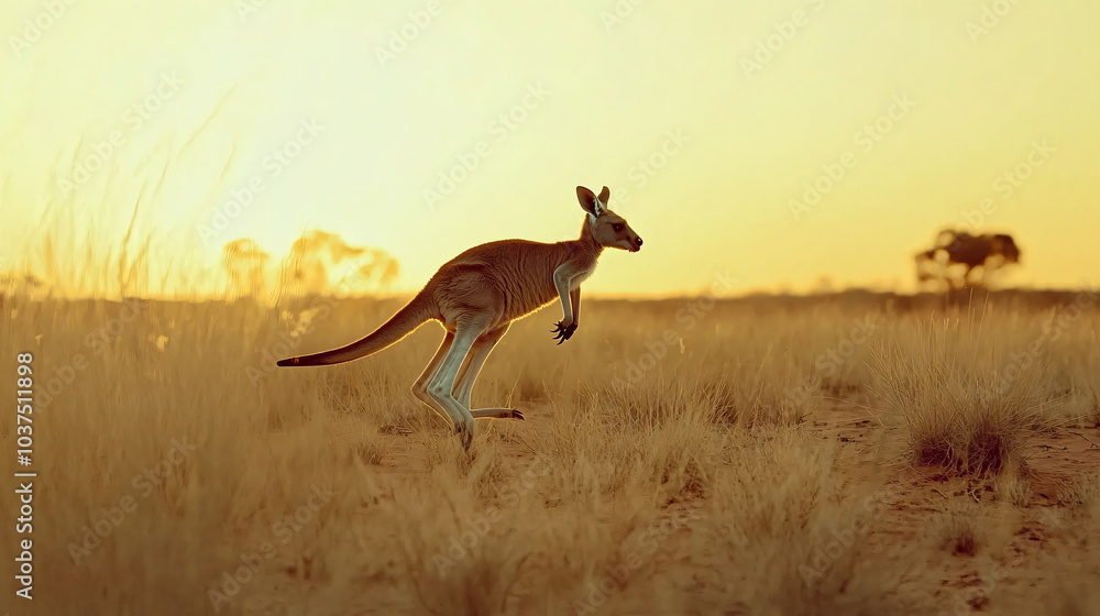A kangaroo hopping through the Australian outback A kangaroo hopping through the Australian outback