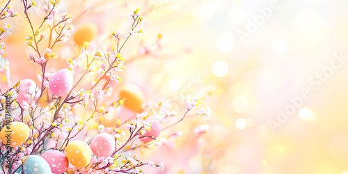 Tree with pink and yellow flowers and a bunch of eggs on it. The eggs are scattered all over the tree and some are on the branches. Scene is cheerful and playful