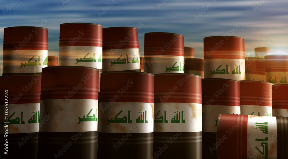Iraq oil crude petroleum fuel barrels in row Iraq oil crude petroleum fuel barrels in row