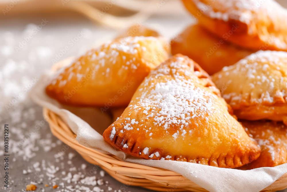 A delightful cluster of freshly baked triangular pastries, golden brown and lightly dusted with powdered sugar, await indulgence in a charming kitchen setting A delightful cluster of freshly baked triangular pastries, golden brown and lightly dusted with powdered sugar, await indulgence in a charming kitchen setting