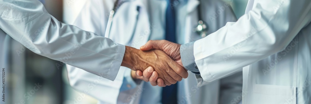 Two doctors shaking hands in agreement. Two doctors shaking hands in agreement.