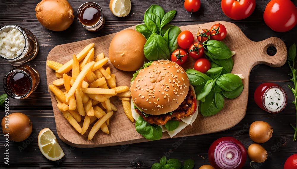 Delicious Burger with Fries and Fresh Ingredients Delicious Burger with Fries and Fresh Ingredients