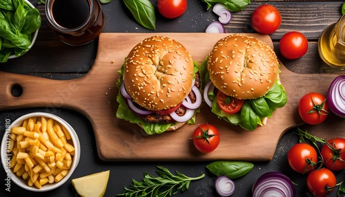 Two Delicious Burgers with Fresh Ingredients on a Wooden Cutting Board