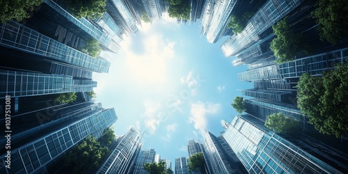 Building elevation view. Lots of tall buildings, greenery, glass buildings with design. Surrounded in a circle with bright sky in the middle of the circle. 