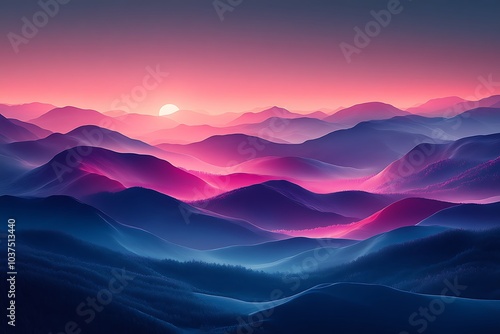 A mesmerizing sunset over layers of colorful misty mountains.