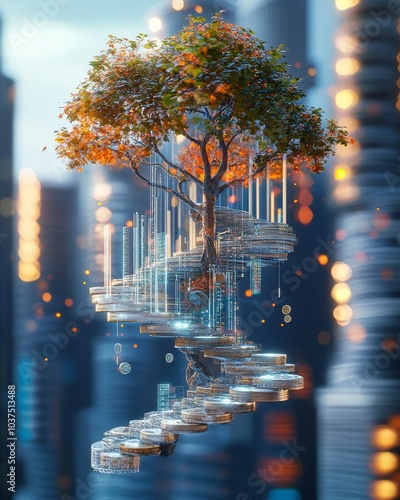  A technology tree growing from the surface of the earth, surrounded by 3D models of future cities, a four-dimensional spiral staircase made of coins