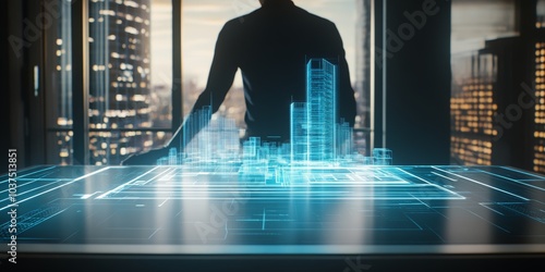 holographic table of an architect where he is projecting a building, futuristic office by day with a window in the background