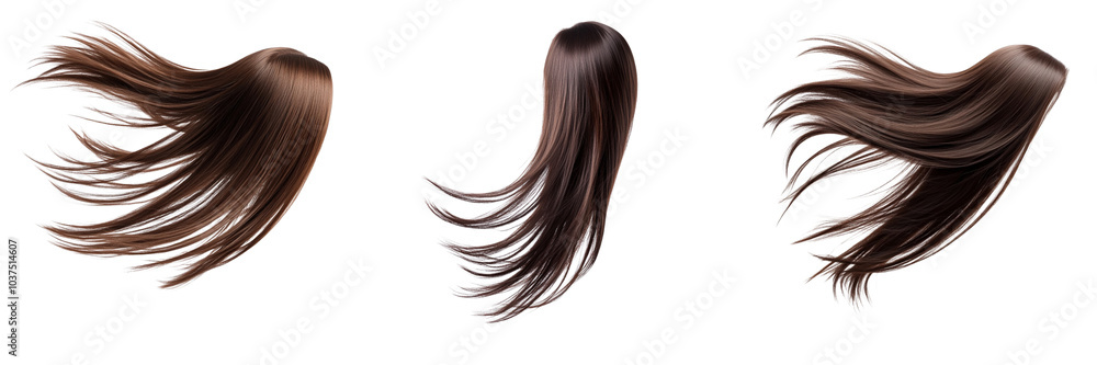 Set of Long straight Wig hair style fly fall explosion. Brown woman wig hair float in mid air Straight brown wig hair isolated on a transparent background Set of Long straight Wig hair style fly fall explosion. Brown woman wig hair float in mid air Straight brown wig hair isolated on a transparent background