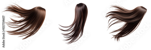  Set of Long straight Wig hair style fly fall explosion. Brown woman wig hair float in mid air  Straight brown wig hair isolated on a transparent background