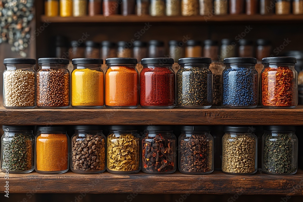 A diverse collection of colorful spices neatly arranged in glass jars on wooden shelves. A diverse collection of colorful spices neatly arranged in glass jars on wooden shelves.